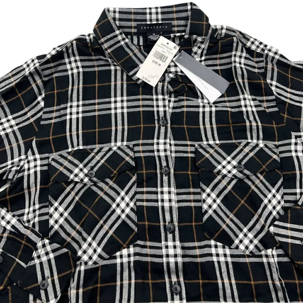 Sanctuary Men Black White Brown Plaid Classic Casual Button-Down Shirt US M